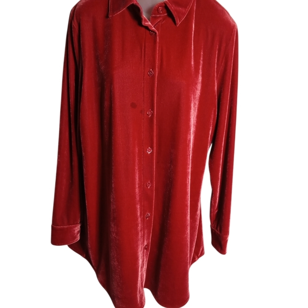 Soft Surroundings Red Velour Button Front Blouse Quiet Luxury Holiday Shirt Sz M - Picture 2 of 8